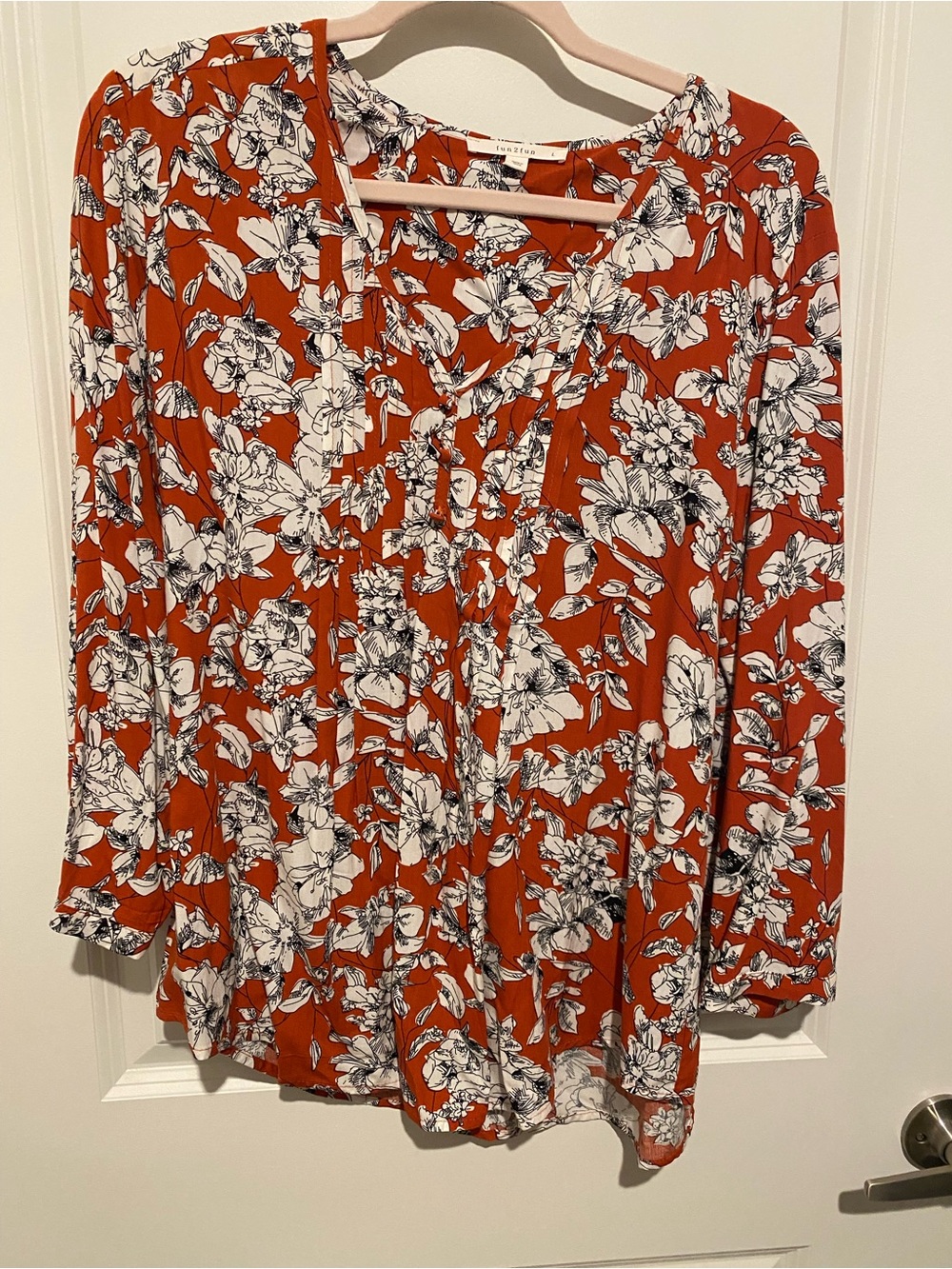 fun 2 fun Rust Floral V-Neck Blouse with White & Black Print